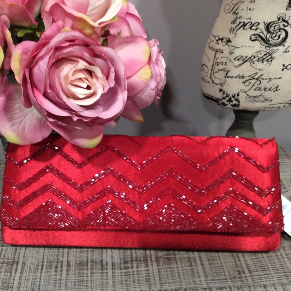 NTW Sasha Red Satin  After 5 Beaded Clutch